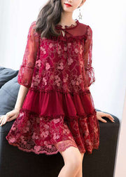 Italian Mulberry Embroidered Ruffled Patchwork Tulle Dress Half Sleeve