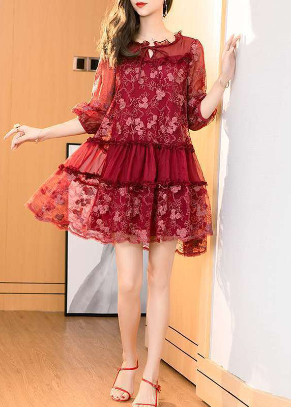 Italian Mulberry Embroidered Ruffled Patchwork Tulle Dress Half Sleeve