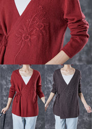 Italian Mulberry Embroidered Tie Waist Wool Knit Cardigan Winter