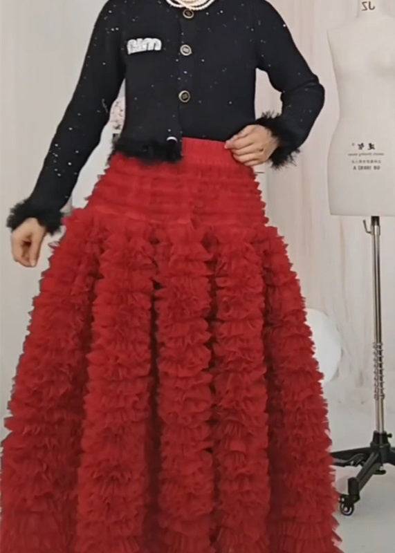 Italian Mulberry Ruffled High Waist Patchwork Tulle Skirt Spring
