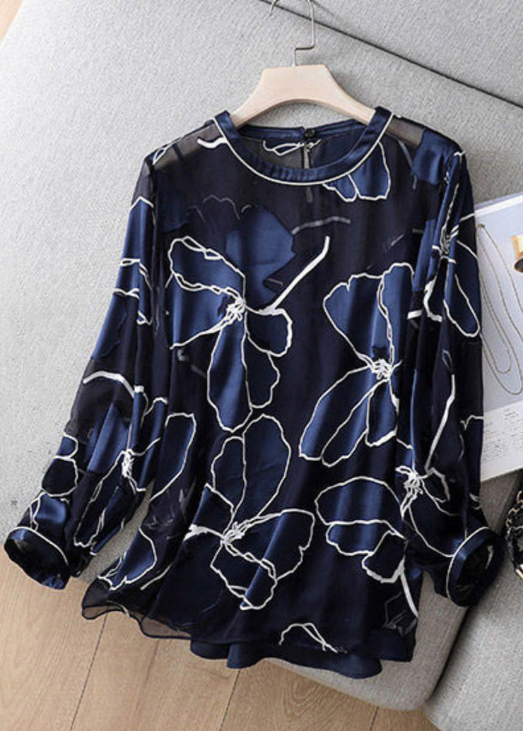 Italian Navy O Neck Print Tulle Patchwork Blouse Top Fall
