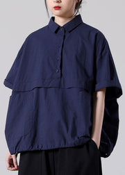 Italian Navy Peter Pan Collar Pockets Cotton Blouse Tops Short Sleeve