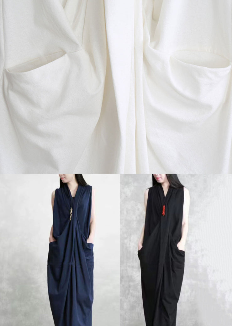 Italian Navy Pockets Wrinkled Patchwork Cotton Dresses Sleeveless