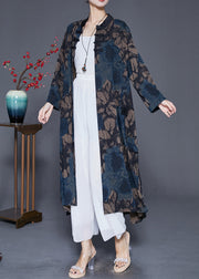 Italian Navy Print Chinese Button Silk Trench Coat Fall