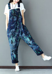 Italian Navy Print Cotton Denim Jumpsuits Ripped Jeans Spring