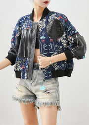 Italian Navy Print Faux Leather Patchwork Cotton Filled Denim Jacket Fall