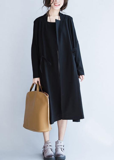 Italian Notched drawstring Fashion fall coats women blouses black baggy outwear - SooLinen