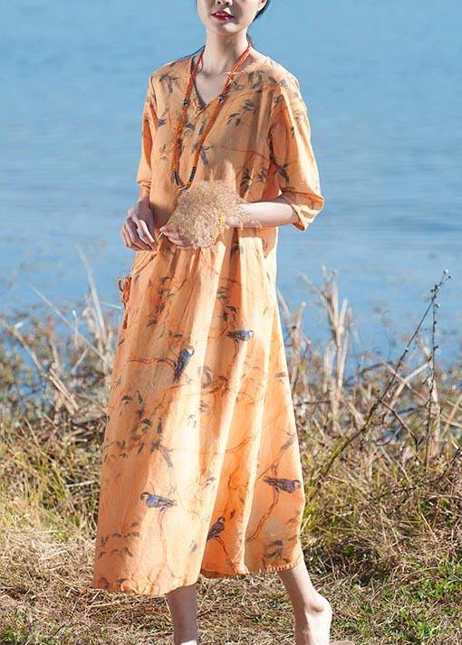 Italian O Neck Half Sleeve Dress Yellow Flower And Bird Print Maxi Dress - SooLinen