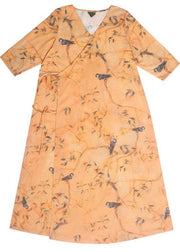 Italian O Neck Half Sleeve Dress Yellow Flower And Bird Print Maxi Dress - SooLinen