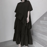 Italian O Neck Ruffles Asymmetric Tunic Top Fashion Ideas Black Blouses - SooLinen
