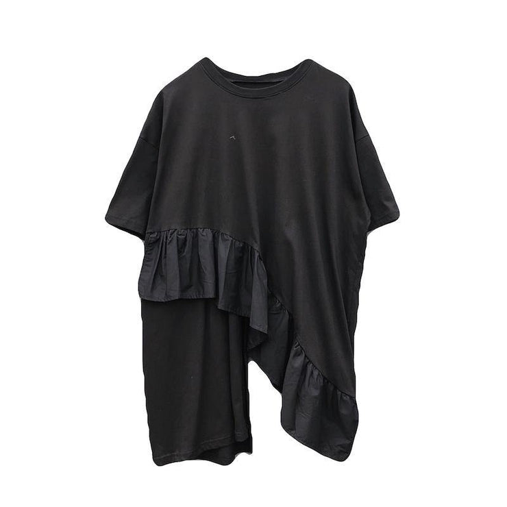 Italian O Neck Ruffles Asymmetric Tunic Top Fashion Ideas Black Blouses - SooLinen