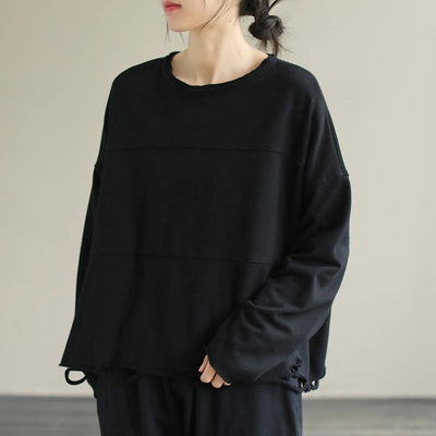 Italian O Neck cotton Spring Tunic pattern pattern Black blouse - SooLinen