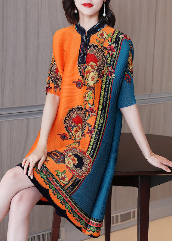 Italian Orange Blue Stand Collar Print Silk Vacation Dresses Short Sleeve
