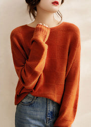 Italian Orange O Neck Cozy Patchwork Knit Woolen Sweater Fall