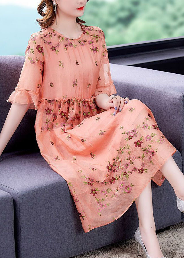 Italian Orange O-Neck Embroidered Ruffled Silk Vacation Dresses Summer