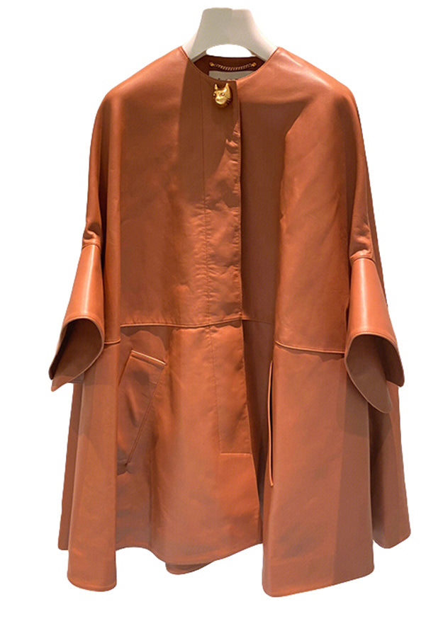 Italian Orange O Neck Pockets Patchwork Faux Leather Coats Fall