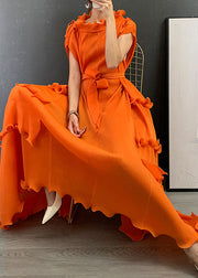 Italian Orange O-Neck Ruffled Patchwork Vestidos Dress Short Sleeve