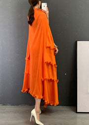 Italienisches Orange O-Ausschnitt Rüschen Patchwork Vestidos Kleid Kurzarm