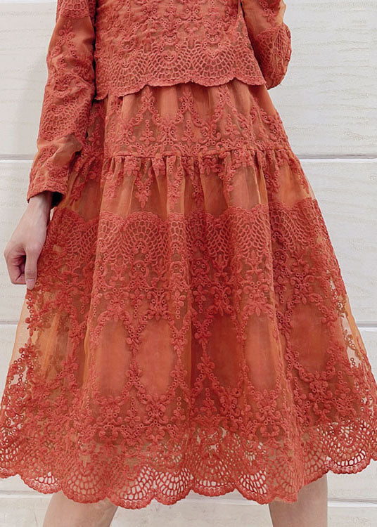 Italian Orange Peter Pan Collar Embroidered Patchwork Tulle Dresses Long Sleeve