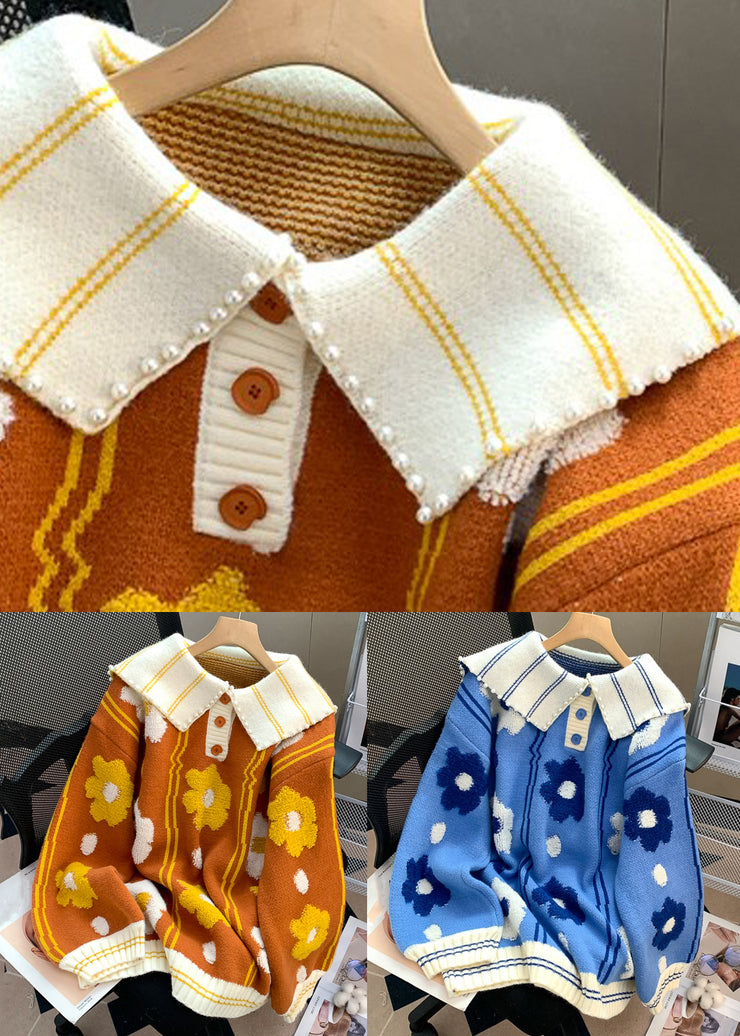 Italian Orange Peter Pan Collar Nail Bead Knit Sweaters Fall