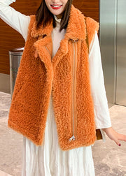 Italian Orange Peter Pan Collar Zippered Faux Fur Waistcoat Fall