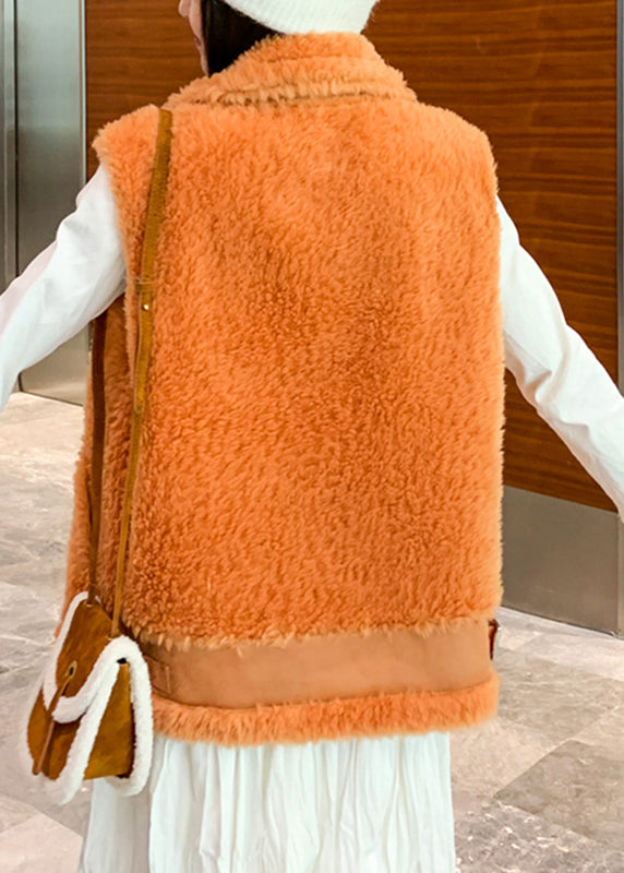 Italian Orange Peter Pan Collar Zippered Faux Fur Waistcoat Fall
