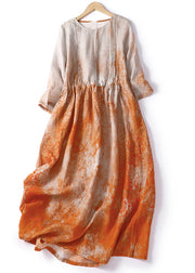Italian Orange Print Patchwork Drawstring Linen Long Dresses Summer
