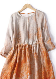 Italian Orange Print Patchwork Drawstring Linen Long Dresses Summer