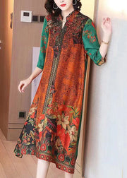 Italian Orange Stand Collar Print Patchwork Silk Long Dress Half Sleeve