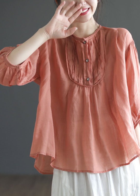 Italian Orange Wrinkled Print Patchwork Linen Shirts Top Summer