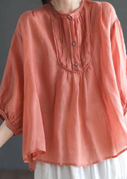 Italian Orange Wrinkled Print Patchwork Linen Shirts Top Summer