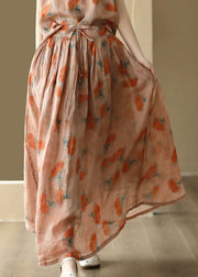 Italian Orange Wrinkled Print Patchwork Linen Skirt Summer