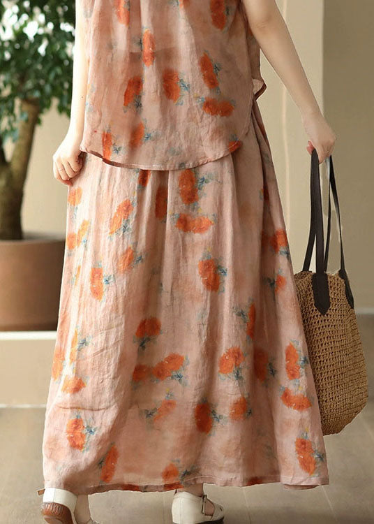 Italian Orange Wrinkled Print Patchwork Linen Skirt Summer