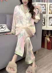 Italian Oversized Patchwork Print Ice Silk Pajamas Two Pieces Set Spring