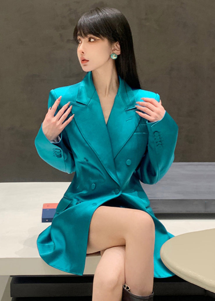 Italian Peacock Blue Notched Button Spandex Coats Long Sleeve