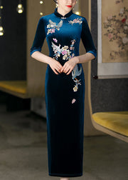 Italian Peacock Blue Stand Collar Embroidered Silk Velour Dresses Half Sleeve