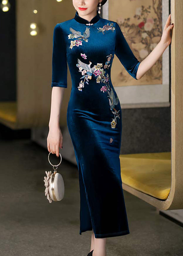 Italian Peacock Blue Stand Collar Embroidered Silk Velour Dresses Half Sleeve
