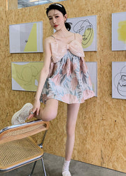 Italian Pink Bow Patchwork Print Cotton Spaghetti Summer Dress Summer