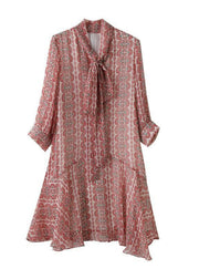 Italian Pink Bow Print Patchwork Chiffon Mid Dress Summer