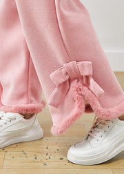 Italian Pink Bow Warm Fleece Straight Pants Winter