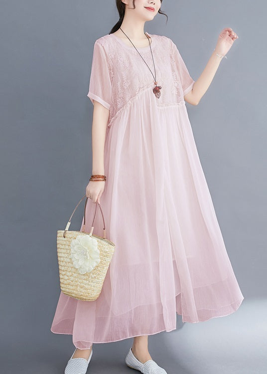 Italienisches, rosafarbenes, besticktes Seidenkleid mit kurzen Ärmeln