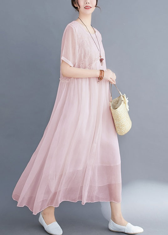 Italienisches, rosafarbenes, besticktes Seidenkleid mit kurzen Ärmeln