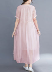 Italian Pink Cinched Embroidered Silk Dress Short Sleeve