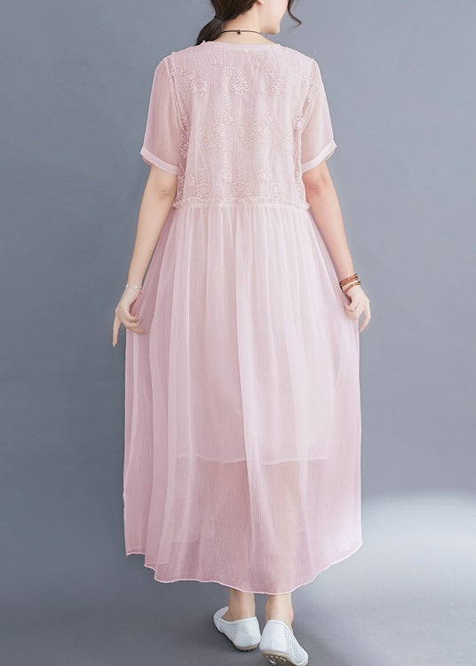 Italian Pink Cinched Embroidered Silk Dress Short Sleeve