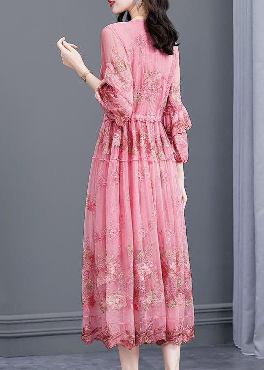 Italian Pink Embroidered Floral Silk Cinched Dresses Bracelet Sleeve