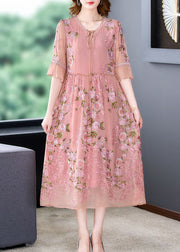 Italian Pink Embroidered Patchwork Silk Mid Dresses Summer