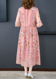 Italian Pink Embroidered Patchwork Silk Mid Dresses Summer
