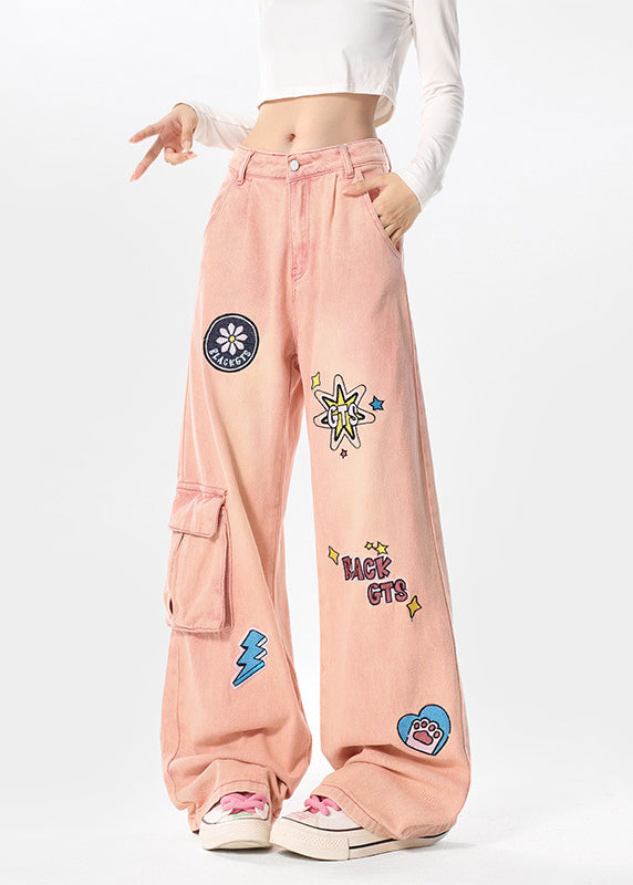 Italian Pink Embroidered Pockets Denim Wide Leg Pants Spring