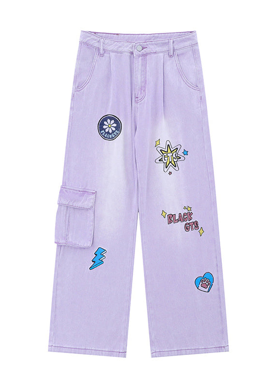 Italian Pink Embroidered Pockets Denim Wide Leg Pants Spring