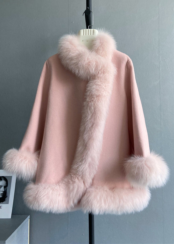 Italian Pink Fox Collar Patchwork Wool Coat Winter